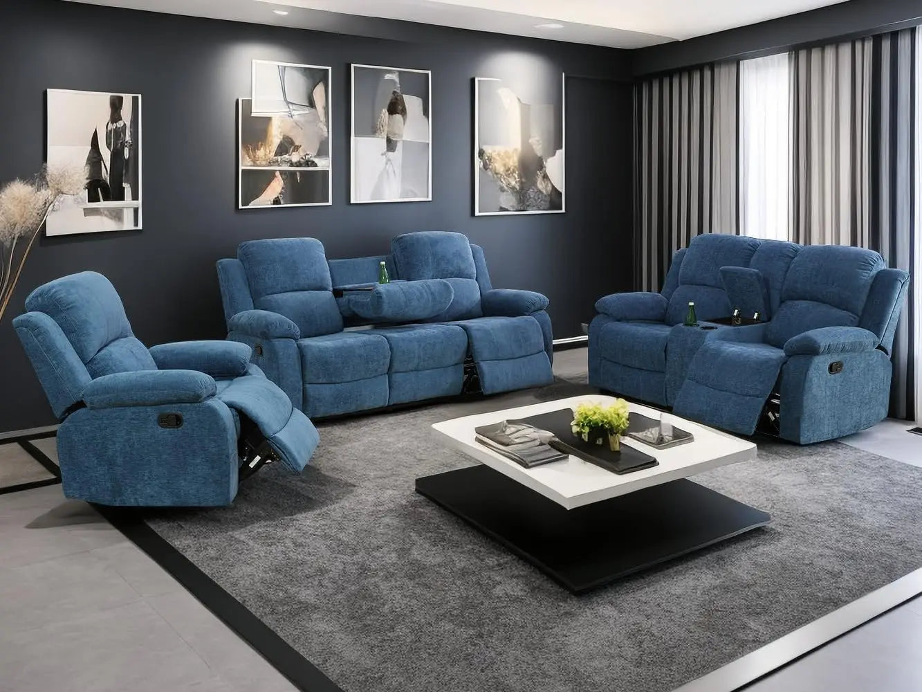 Sofa Set Living Room Furniture Reclining Couch Set with Cup Holders/Storage Console/Drop Down Table Fabric Recliner Sofa Set