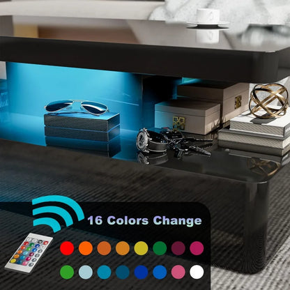 LED High Glossy Coffee Table, Modern Coffee Table for Living Room,2 Tiers Rectangle Design Table with 16 Colors LED Lights Black