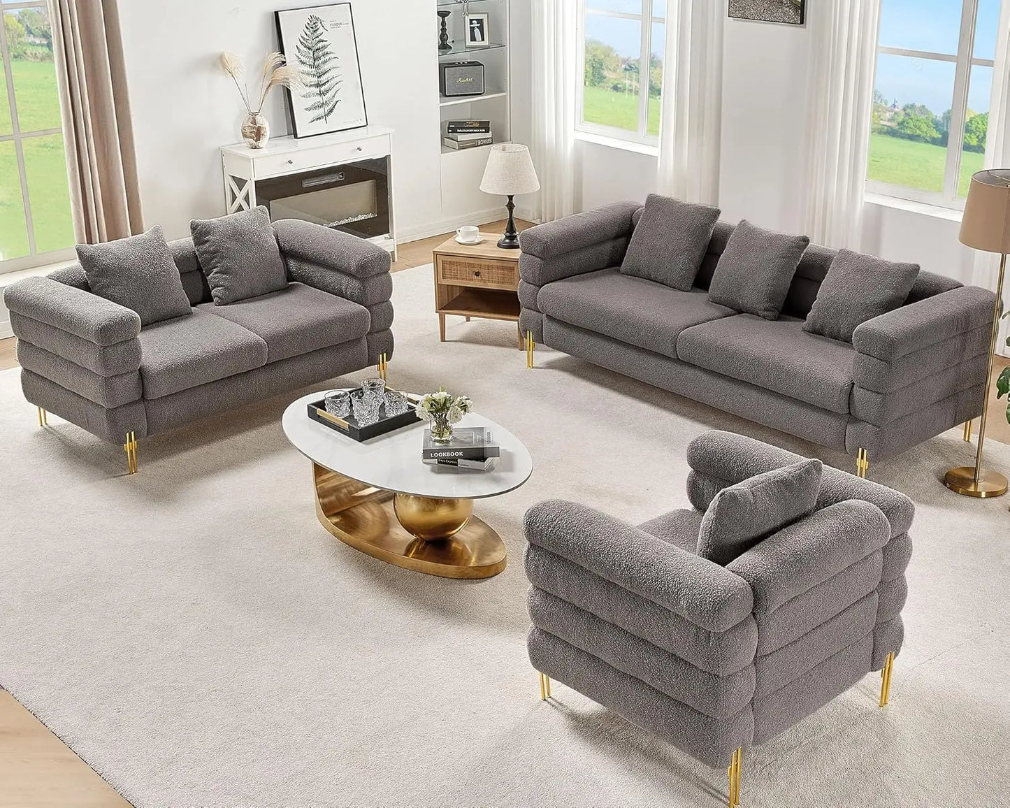 Oversized Sofa 85 Inch Sofa Couch 3 Seater Comfy Bouclé Deep Seat Sofa for Living Room Grey Streamlined Modern Style