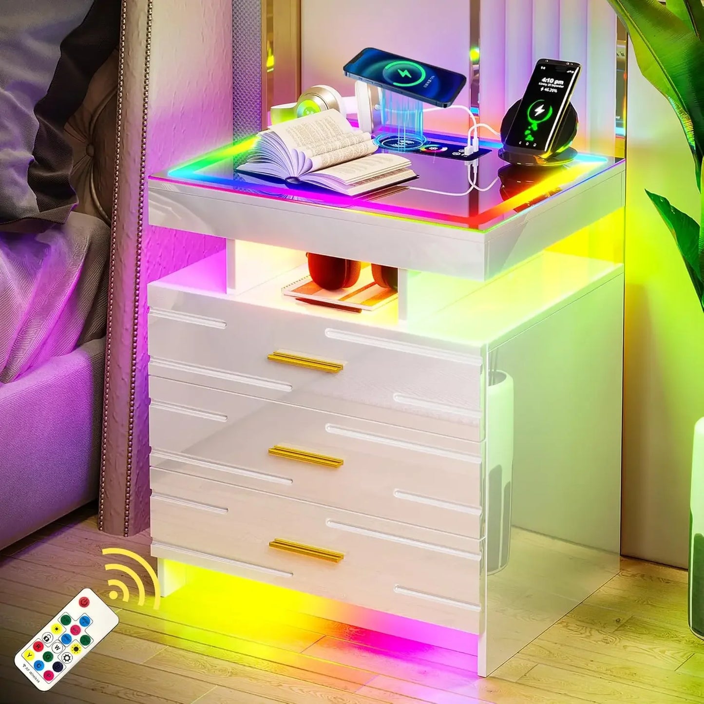 Atuo LED Nightstand , Modern Night Stand with 24 Color Lights, High-Gloss Bedside Tables with 3 Drawers for Bedroom (White,1PC)