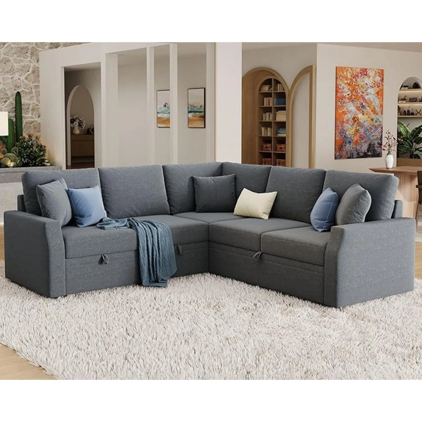 Sofa Bed, 85 In Sleeper Sofa w/ Pull Out Bed & Storage Seat, Oversized L Shape Sectional Sofa, Grey Linen Reversible Couch