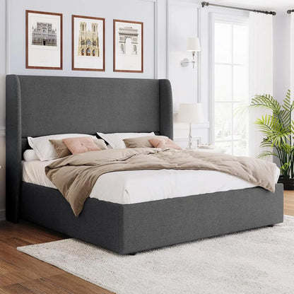 Queen Size Upholstered Lift-Up Storage Bed with Modern Wingback Headboard