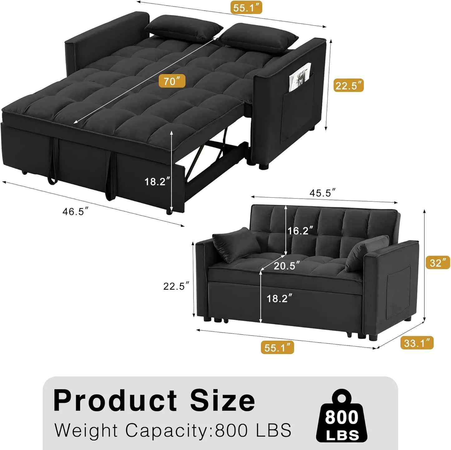 3 in 1 Convertible Sleeper Sofa Bed, Futon Couches for Living Room with Side Pocket | Adjustable Backrest| Velvet Fabric | Pull