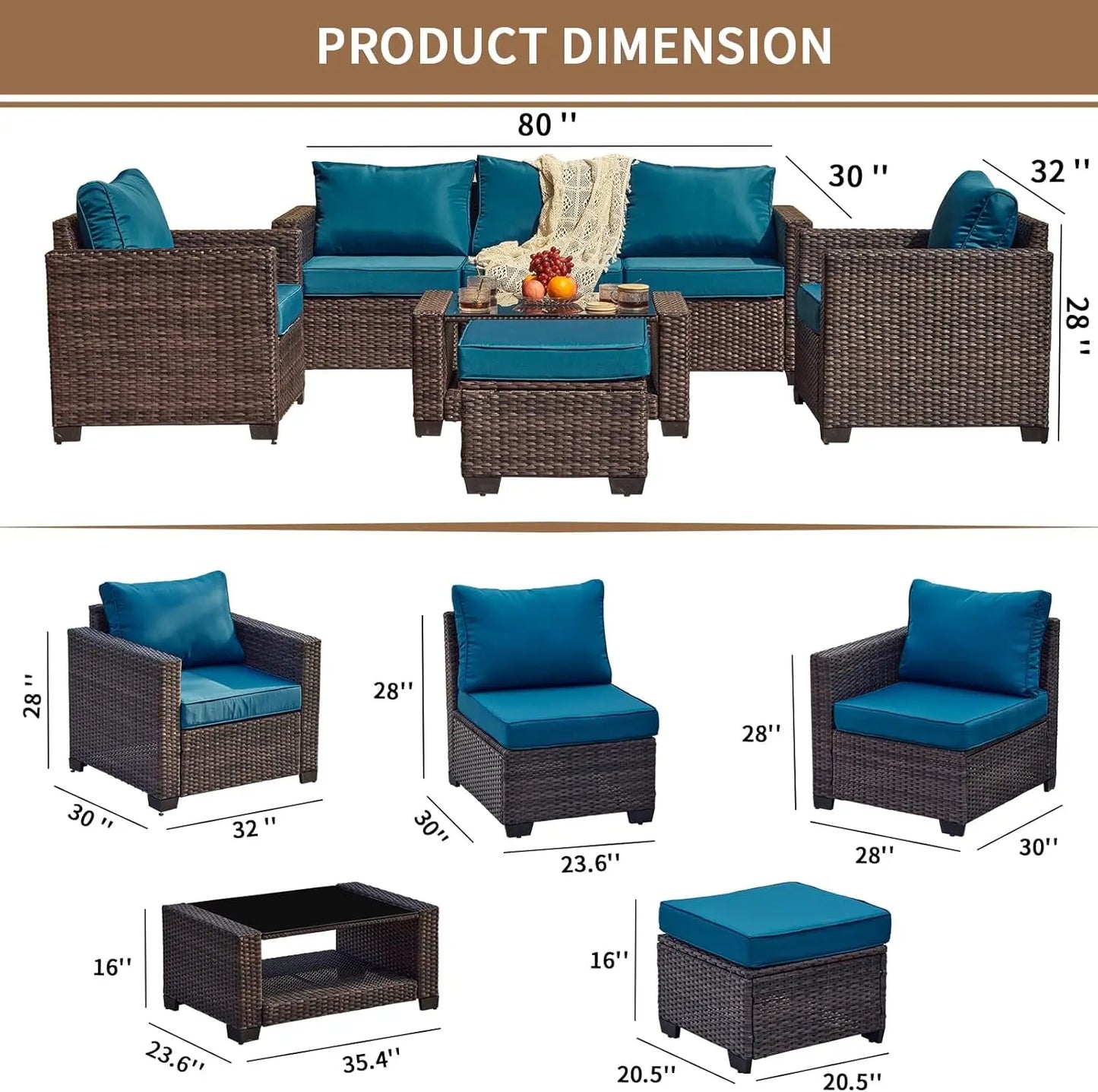 7 Pieces Outdoor Patio Furniture Sets, PE Rattan Wicker Patio Conversation Set with Tea Table