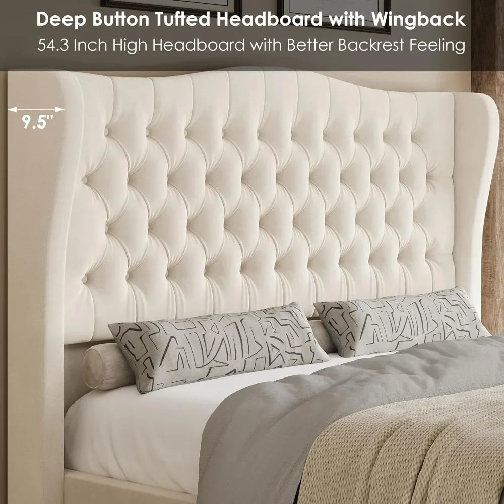 King Bed Frame with Velvet Tufted Wingback Headboard