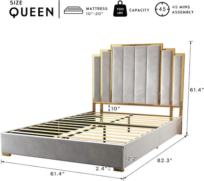 Queen Size Bed Frame and 61" Headboard Upholstered Bed with Golden Plating Trim Modern Platform Bed No Box Spring Needed