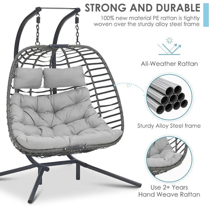 Double Swing Egg Chair with Stand,Chair for 2 People,Porch Loveseat with Thick Cushion and Sturdy Steel Stand for Indoor Outdoor