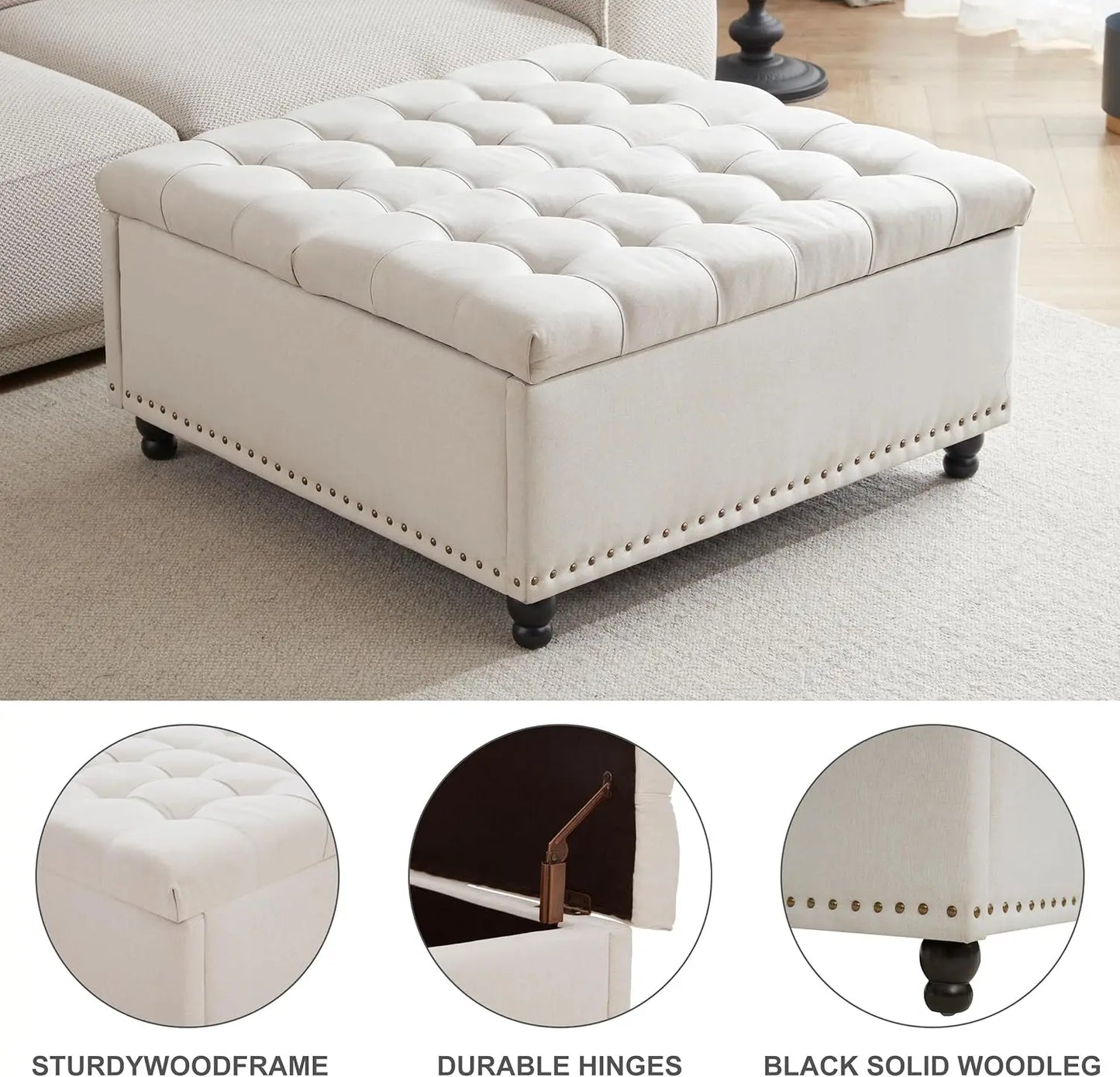 35.5" Large Square Storage Ottoman Bench Tufted Upholstered Coffee Table Ottoman with Storage Oversized Storage Ottomans