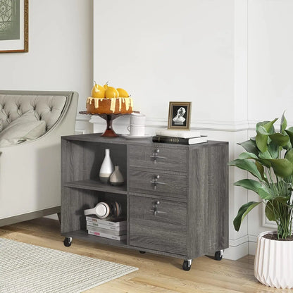 Wood File Cabinet with 3 Drawers and 2 Open Shelves