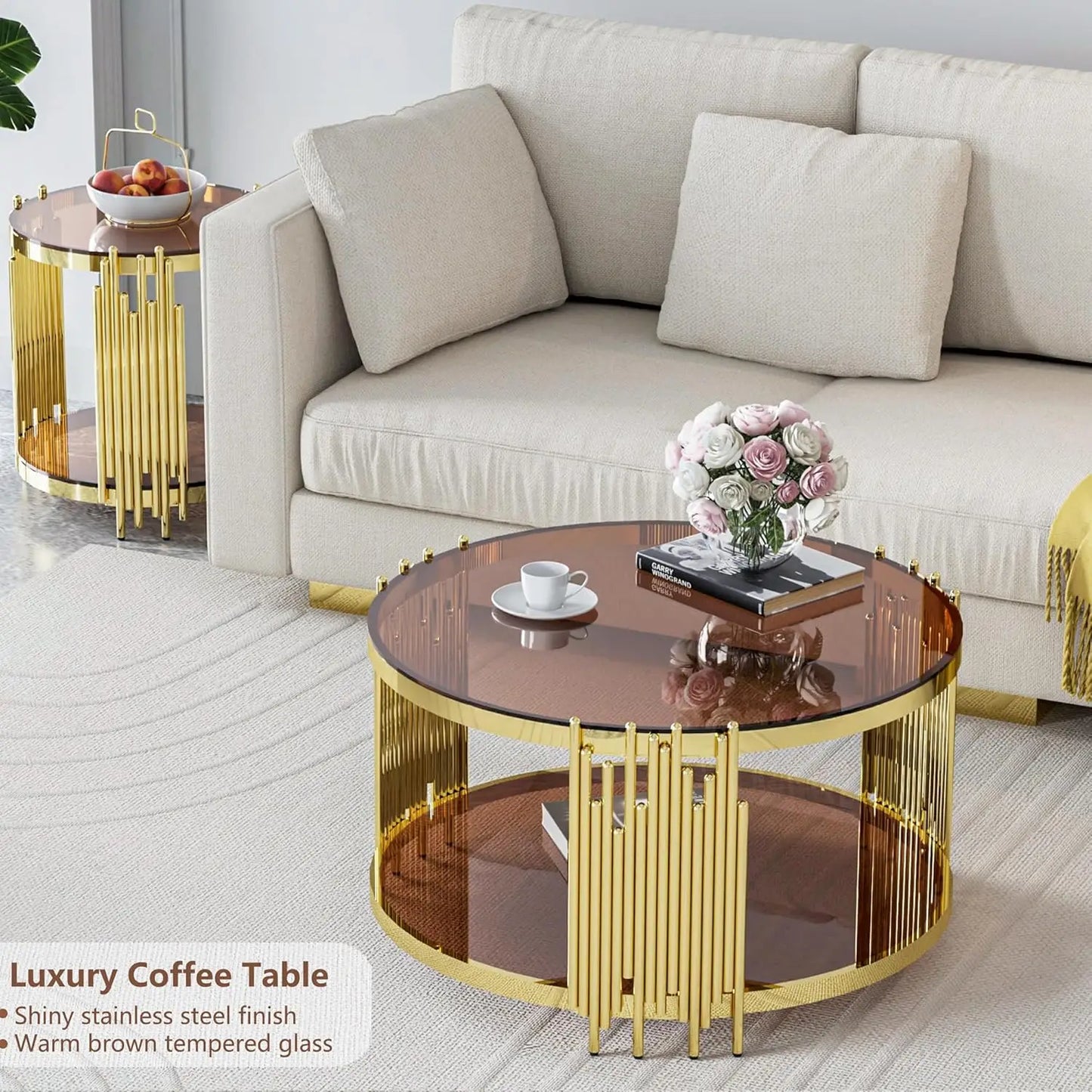 Glass Coffee Table Round Modern Living Room Table, Gold Stainless Steel Metal Leg Clear Tempered Glass, Sofa Center Table