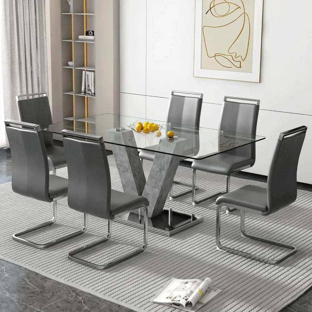 Dining Table, 71 Inch, Gray Dining Table with 6 PU Leather Dinings Chairs, Kitchen Tables and Chairs, Glass Dinings Tables Set