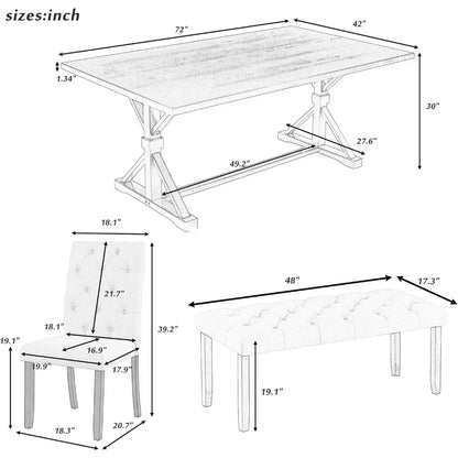 6 Piece Dining Table Set, 72-inch Wooden Rectangular Tables with 4 Upholstered Chairs and A Bench, Dining Table Set