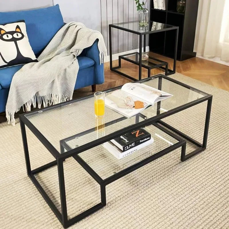 Golden Metal Glass Coffee Table - Two-Tiered with Tempered Glass, Stylish Metal Frame Coffee Table for Bedroom, Dining Room