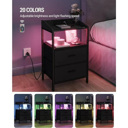 2-piece Nightstands,Modern Side Table with LED Lights and Charging Station, USB Port and Power Outlet Nightstands