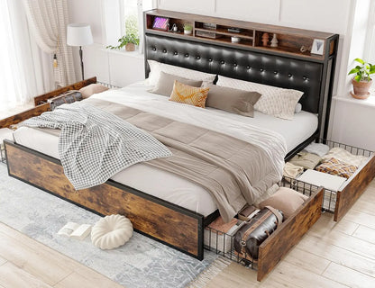 King Size Bed Frame with 4 Storage Drawers King Bed Frame and Headboard UpholsteredKing Size Bed Frame with Storage