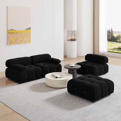 Minimalist Black Velvet Sectional Sofa with Ottomans