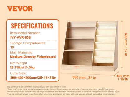VEVOR 4-Tier Kids Wooden Bookshelf Six-Layer Sling Bookcase Baby Storage Book Rack for Kids Room Playroom Kindergarten Nursery