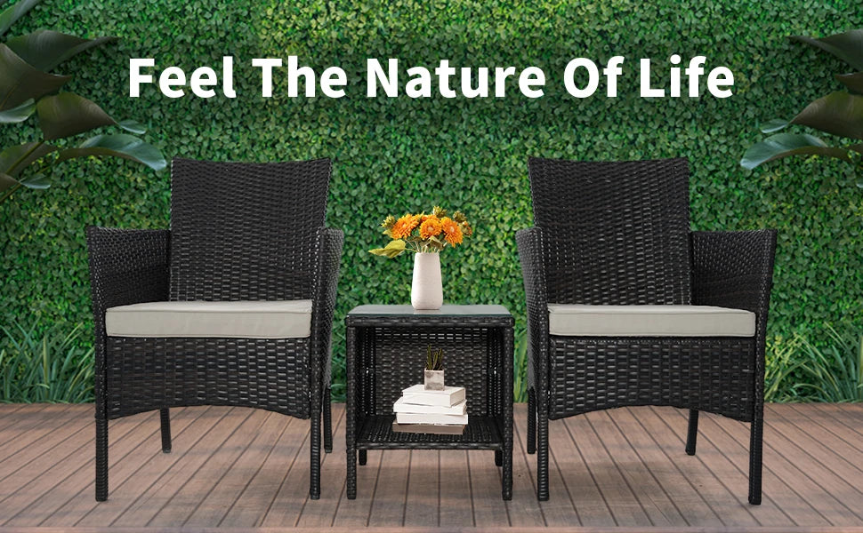 3-piece Terrace Furniture Set, Outdoor Terrace Furniture Set with PE Rattan Wicker Chairs and Table