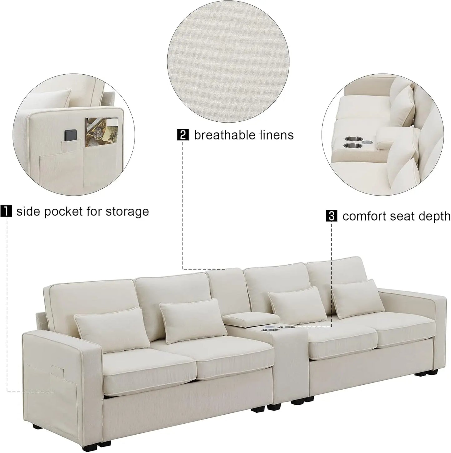 Upholstered Sectional Sofa with Console, 2 Cup Holders and 2 USB Ports & Wirelessly Charged, Modern Linen Fabric 4-Seat