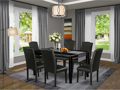 7 Piece Dining Table Set Consist of a Rectangle Kitchen Table and 6 Black Faux Leather Parson Dining Chairs 36x60 Inch Black