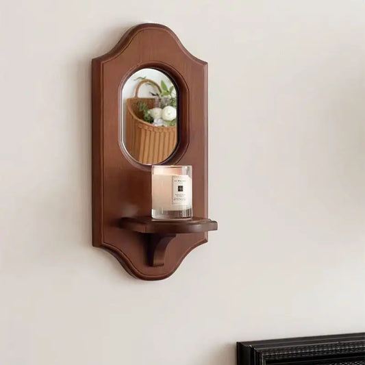 Vintage Wall Mirror with Wood Shelf & Candlestick