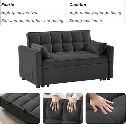 3 in 1 Convertible Sleeper Sofa Bed, Futon Couches for Living Room with Side Pocket, Adjustable Backrest, Velvet Fabric