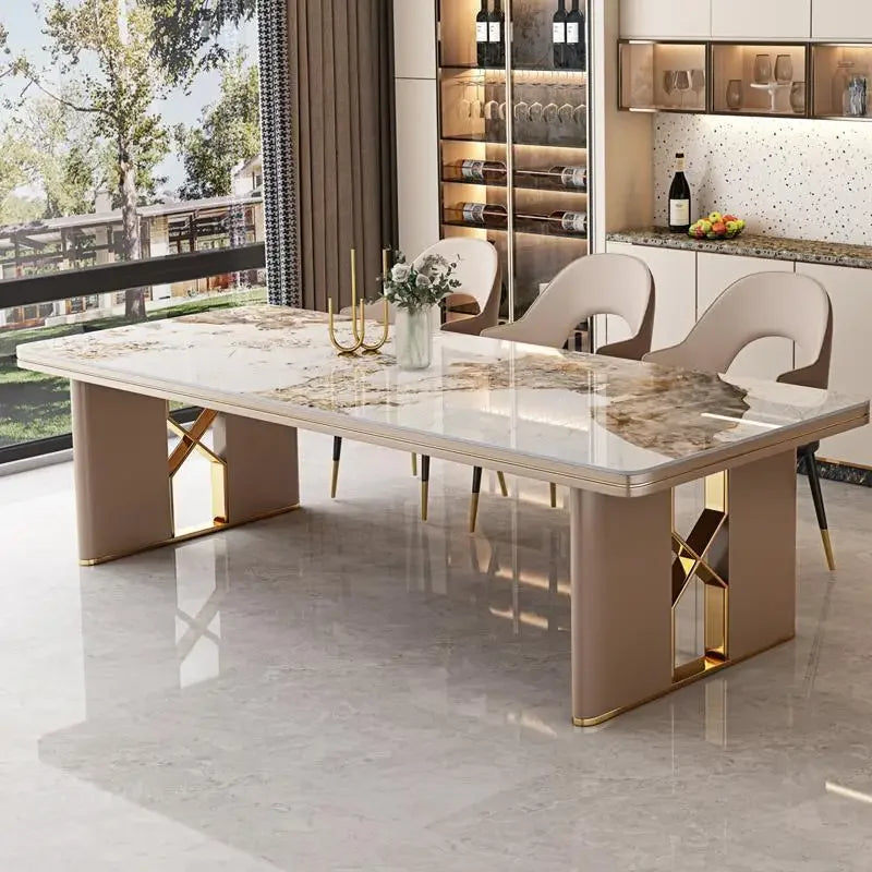 Luxury light rock plate dining tables and chairs. Modern simple marble villa rectangular dining table