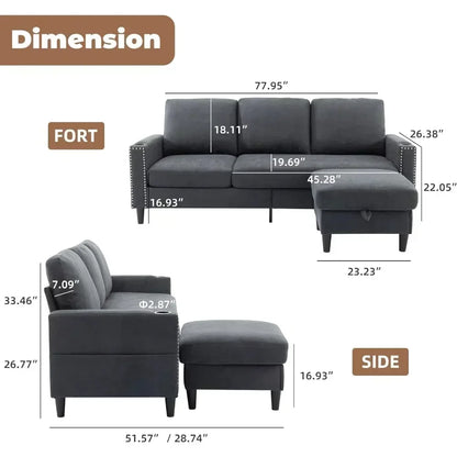 Convertible Sectional Couches for Living Room, L-Shaped Couch 3 Seats Sofas with Storage Chaise & 2 Cup Holders  home furniture