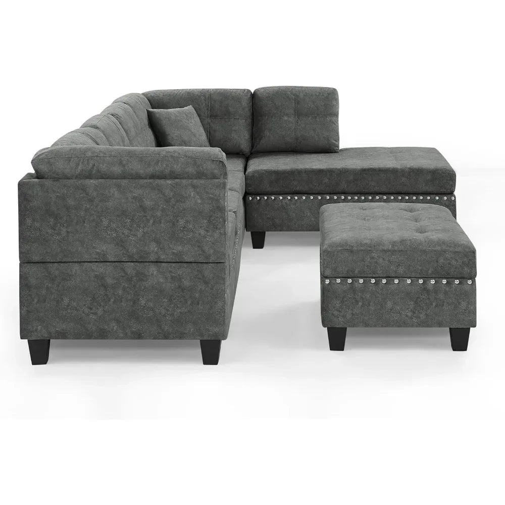 Living Room Furniture Sets,Sectional Sofa with Storage Ottoman,L-Shaped 2 Pillows&Extra Wide Reversible Chaise,Upholstered