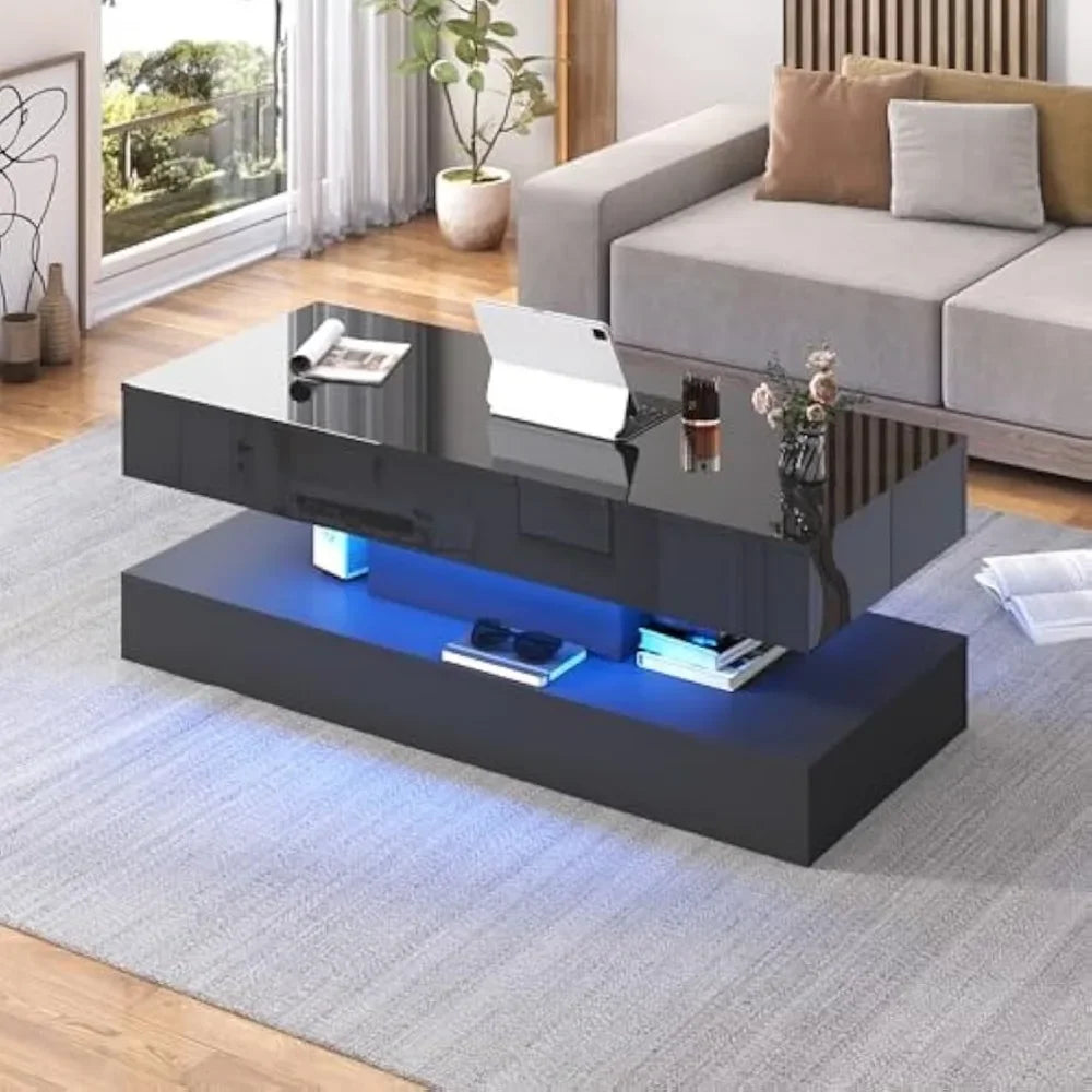 47.2" Large Lift Top Coffee Table,Modern High Glossy LED Coffee Tables for Living Room with Storage,Black Living Room Tables