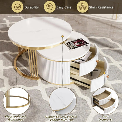 27.6, Gold+White Modern 2 Pieces Round Nesting Coffee Table with Drawers