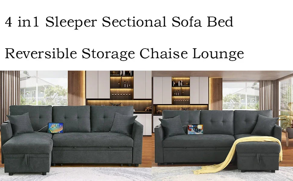 Reversible Sectional Sofa Bed Convertible Sleeper Corner Couch w/USB Ports and Storage Chaise, 4 in 1 Pull-Out Sofabed for Livin