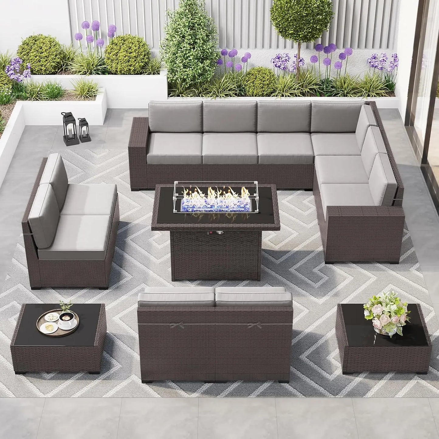 8 Piece Patio Furniture Set with 44" Propane Gas Fire Pit Table, Set Wicker Rattan Sofa Set and Coffee Table Rattan Möbel