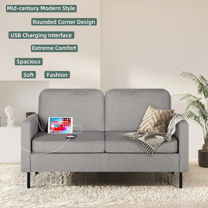 56" W Fabric Loveseat Sofa with 2 USB, Small Couches for Living Room Furniture, Bedroom, Office, Easy Assembly & Comfy Cushion, Light Grey