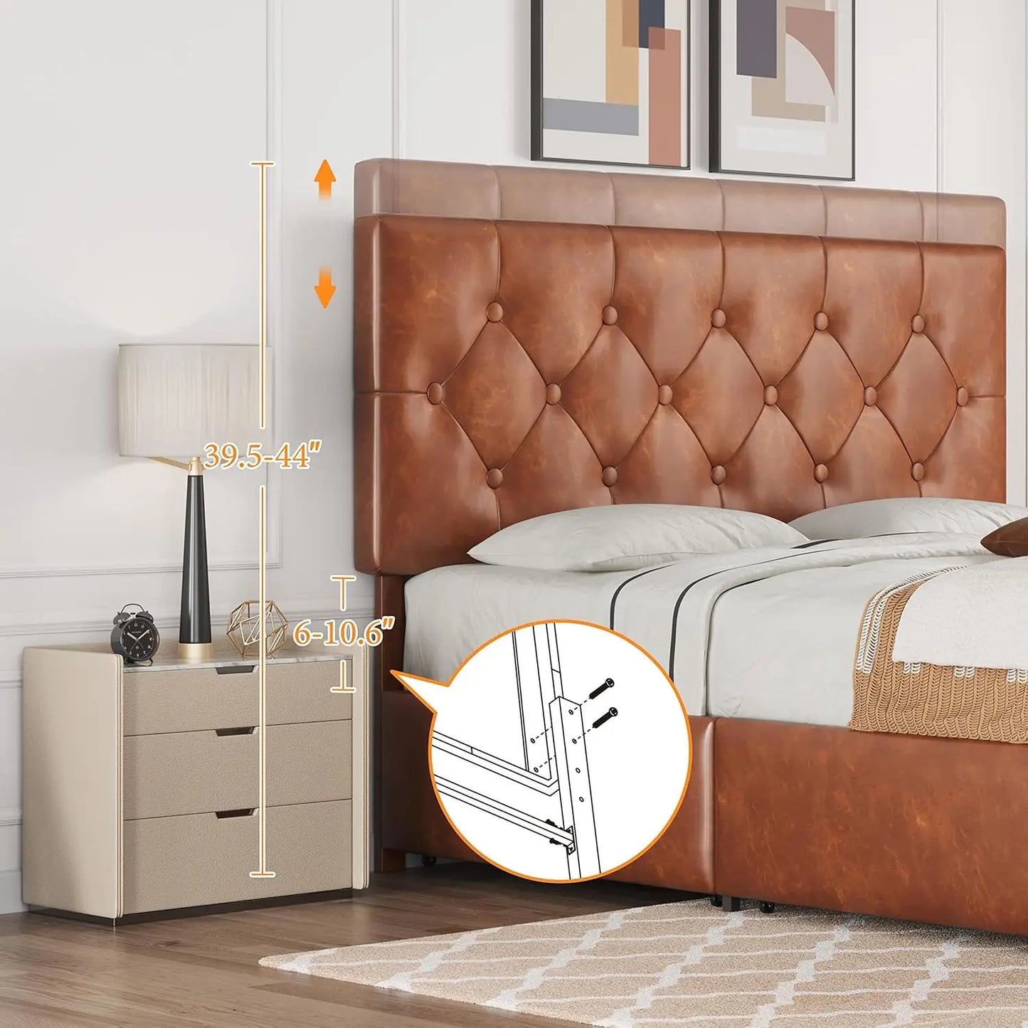 Queen Upholstered Bed Frame with 4 Storage Drawers and Adjustable Headboard, Faux Leather Platform Bed with Mattress