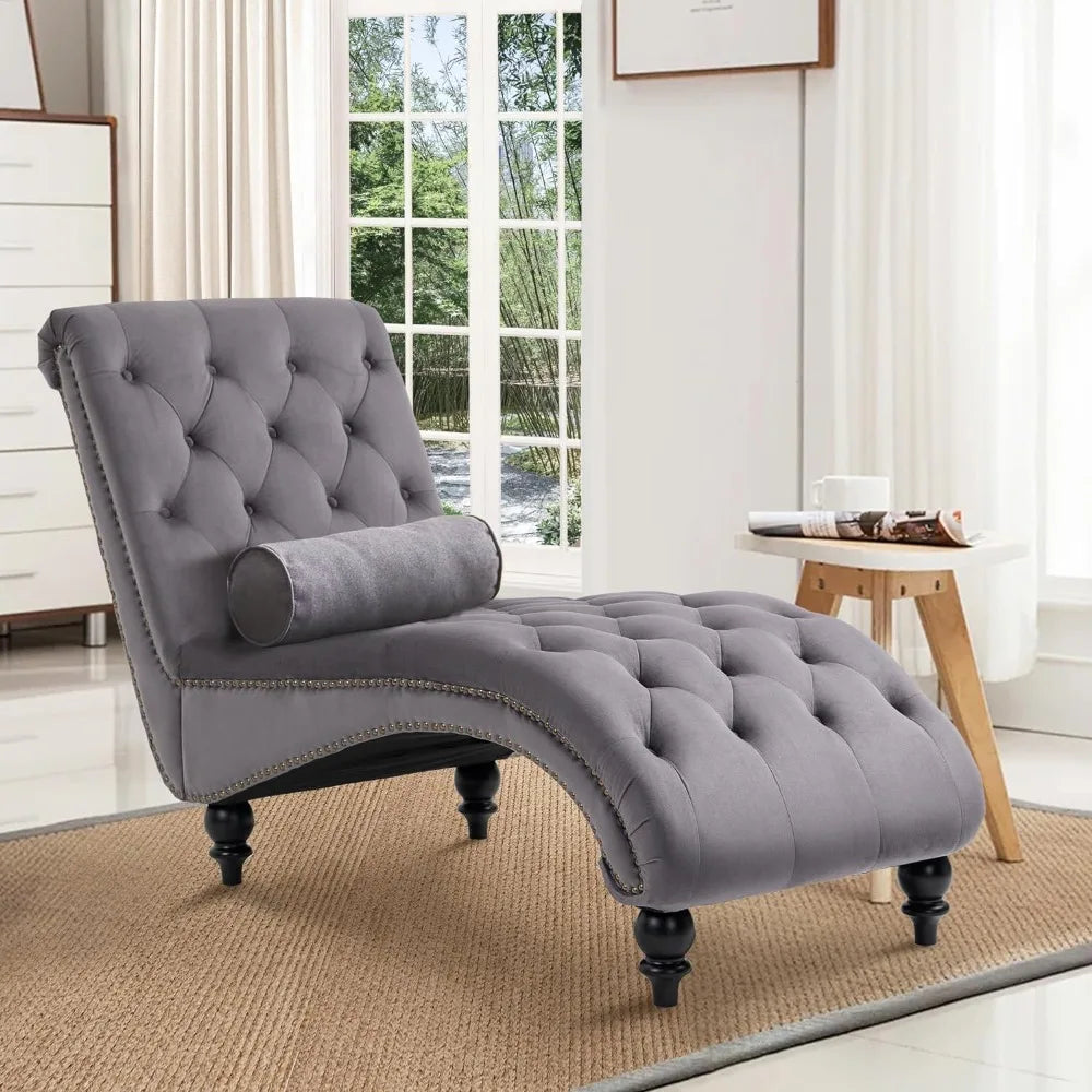 1 - Tufted Chaise Lounge Chair Indoor, Velvet Chaise Lounges with Solid Wood Legs & Support Pillow