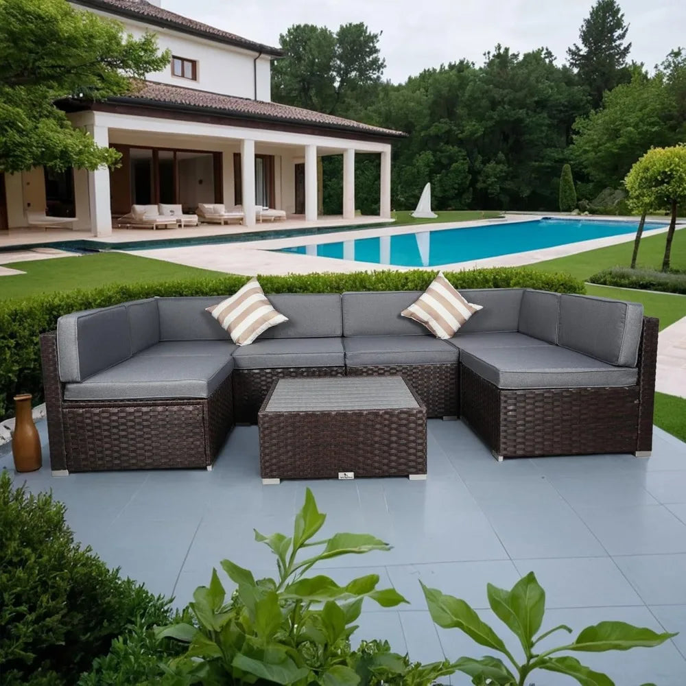 7 Piece Outdoor Patio Furniture Sets with Cushions, Outdoor PE Rattan Wicker Sectional Conversation for Garden, Deck, Poolside