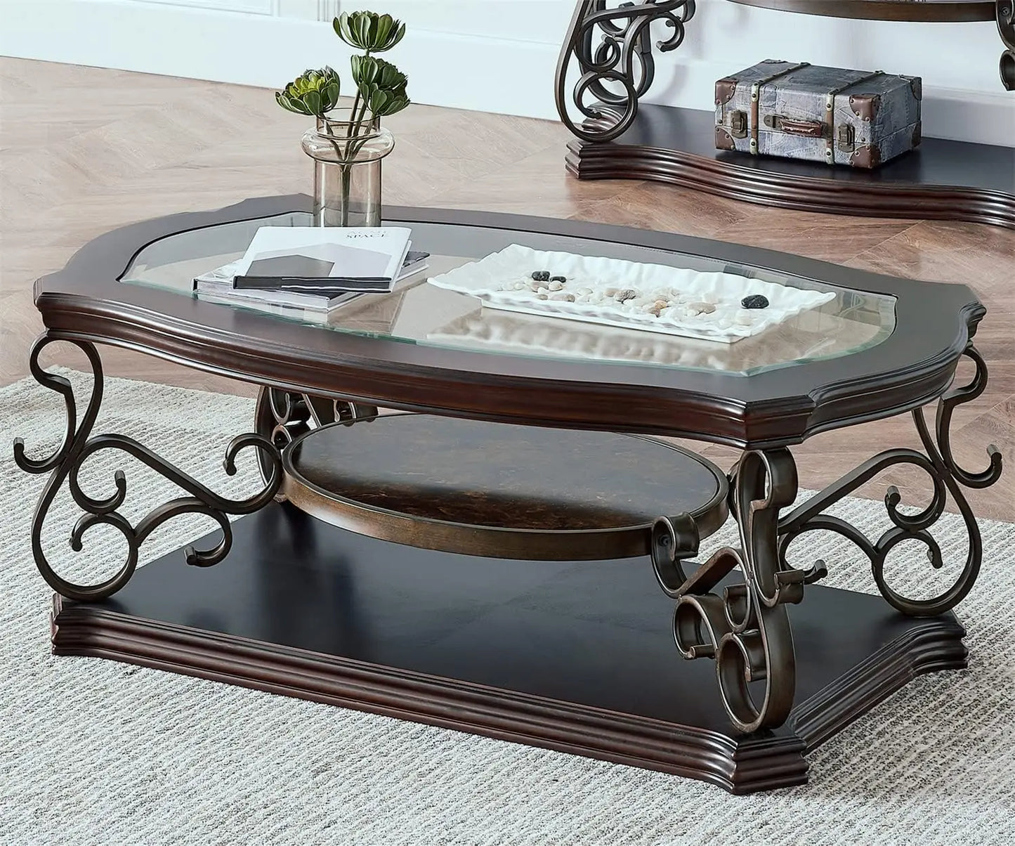 2-Tier Brown Vintage Wooden Coffee Table, Retro Glass Tea Table Top Carved Flower Shaped Table Legs Small Space Apartment Office