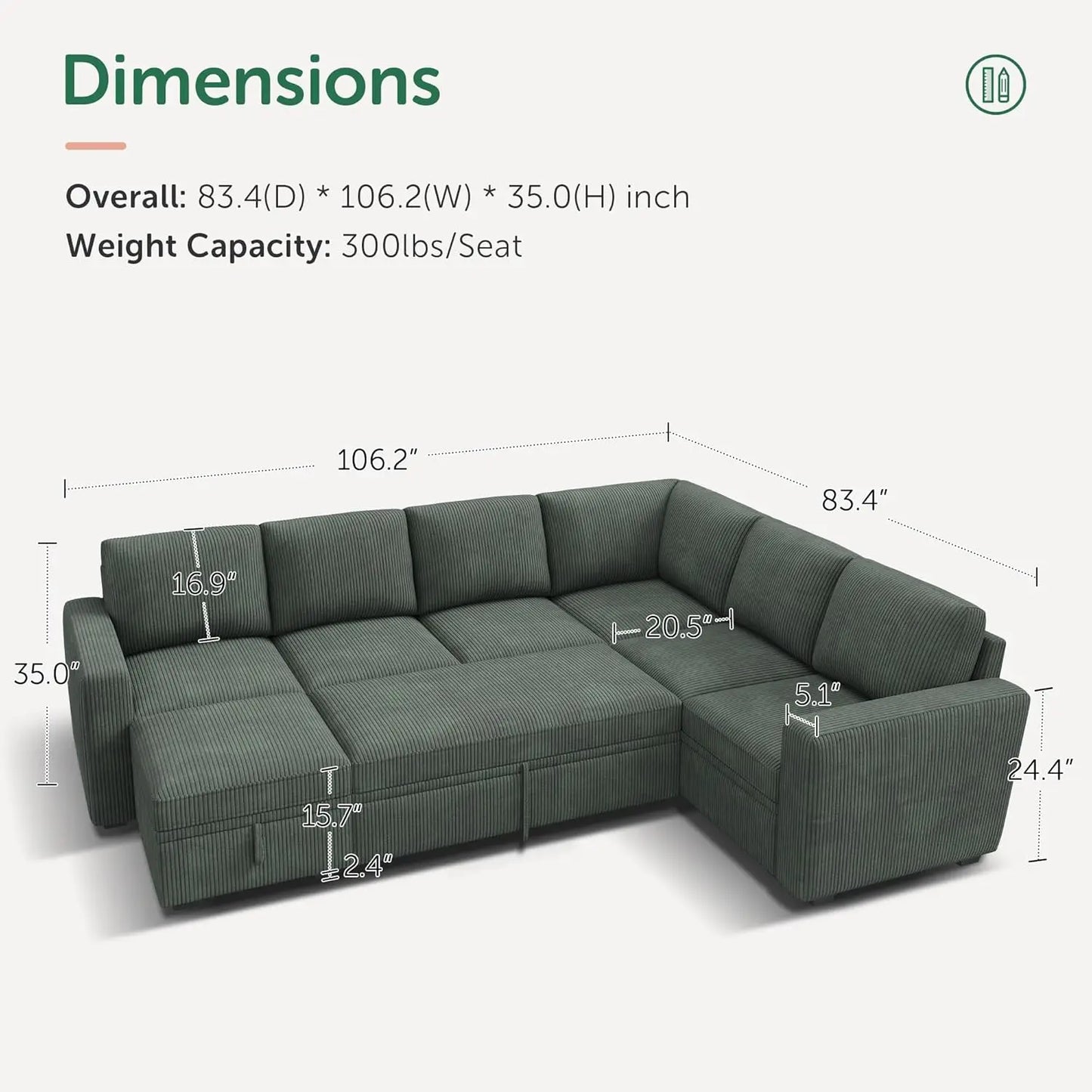 Modular Sectional Sleeper Sofa with Pull Out Bed,Corduroy Sectional CouchOttoman,U Shaped Sectional Couches Living Room,Green