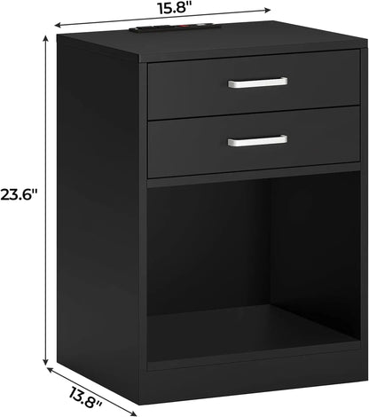 Night Stand Set 2 Black Nightstand with Charging Station & Drawers Night Stands for Bedrooms Set of 2 Bedside Table with Drawers