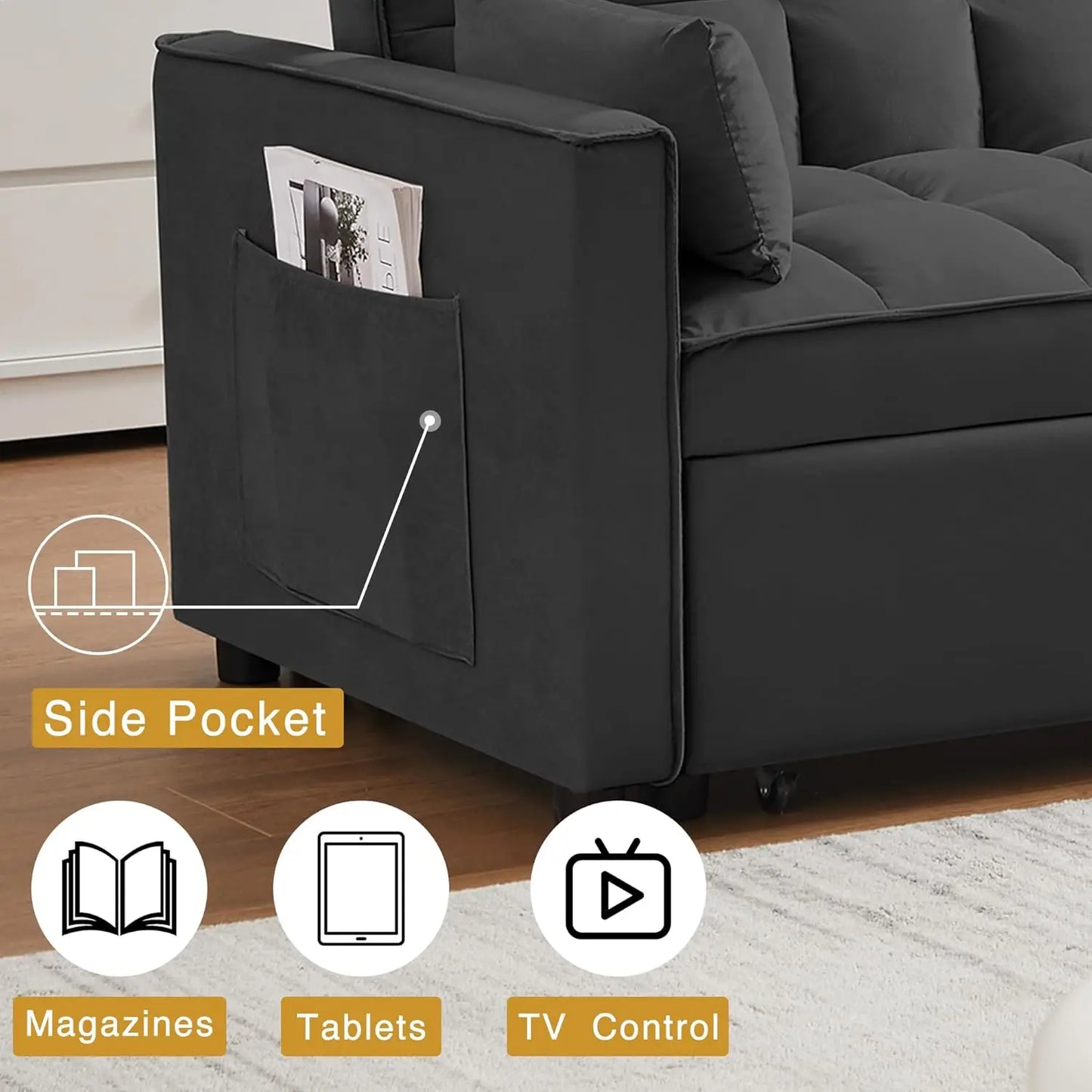 3 in 1 Convertible Sleeper Sofa Bed, Futon Couches for Living Room with Side Pocket, Adjustable Backrest, Velvet Fabric