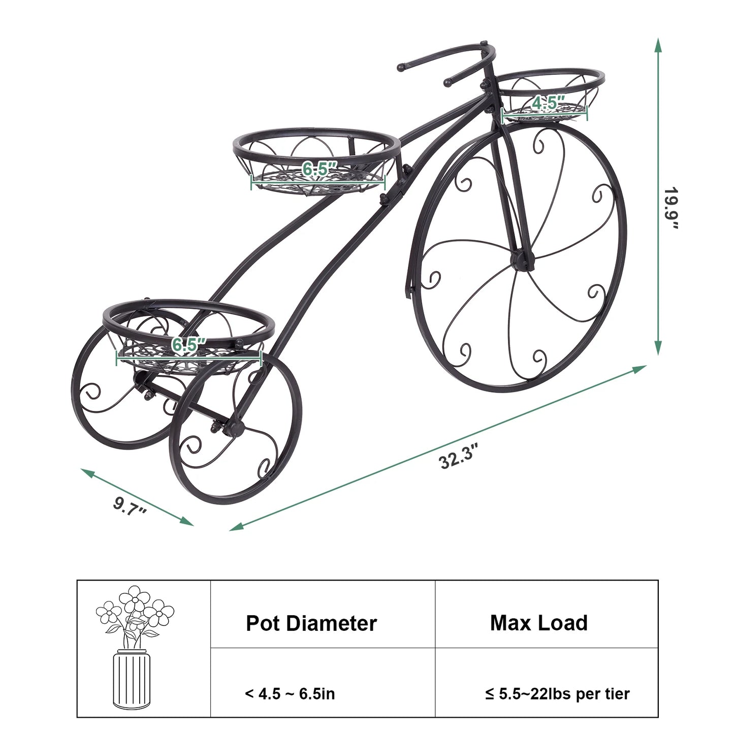 3 Tier Metal Tricycle Plant Stand Flower Pot Holder for Home Garden Patio