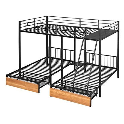 Metal Triple Bunk Bed with Drawers Full Over Twin & Twin 3 Space-Saving Noise Free Guardrails No Box Spring