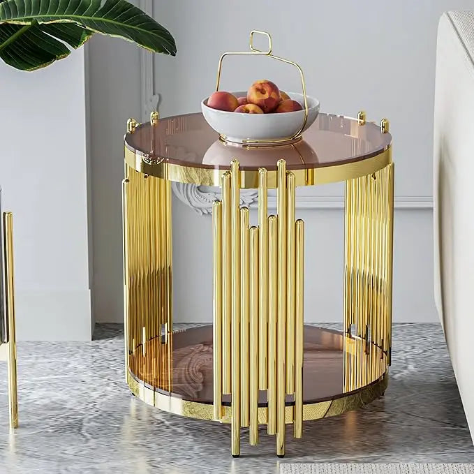 Glass Coffee Table Round Modern Living Room Table, Gold Stainless Steel Metal Leg Clear Tempered Glass, Sofa Center Table