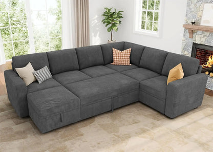 Modular Sectional Sleeper Sofa with Pull Out Bed,Corduroy Sectional CouchOttoman,U Shaped Sectional Couches Living Room,Green