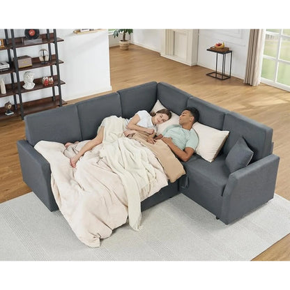 Sofa Bed, 85 In Sleeper Sofa w/ Pull Out Bed & Storage Seat, Oversized L Shape Sectional Sofa, Grey Linen Reversible Couch