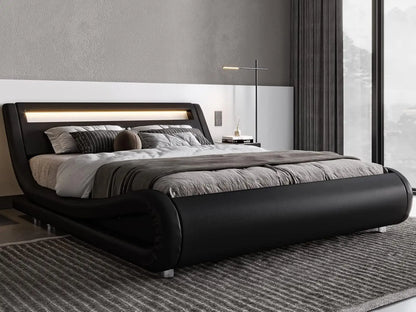 Queen Size LED Platform Bed Frame with Adjustable Headboard/No Box Spring Need/Easy Assembly/Faux Leather in Black