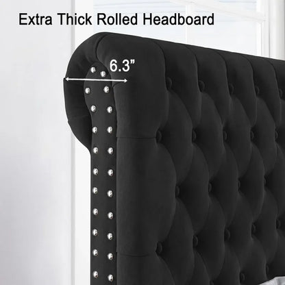 Bed Frame King Size Velvet Tall Headboard King Bed Frame with Button Tufted 52.8" Tall Sleigh Headboard Easy Assembly Black