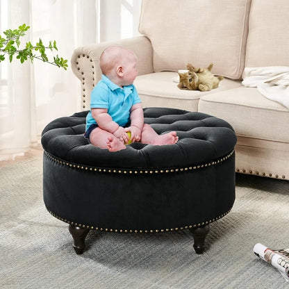 Home Upholstered 30" Round Storage Ottoman, Velvet Button Tufted Ottoman with Removable Lid, Bench with Wood Legs, Black