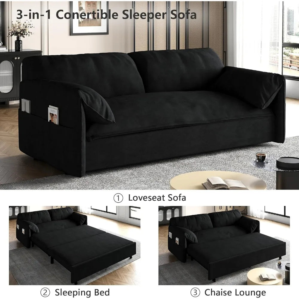 63.8" Queen Pull Out Sofa Bed, Velvet Convertible Sleeper Sofa Couch with Side Storage, Comfy Loveseat Bed Pull Out Couch